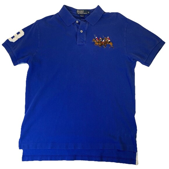 Polo Ralph Lauren Mens Medium Blue Short Sleeve Shirt 3 Triple Horse Logo - Picture 1 of 11